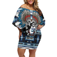 Native American Chief Skull With Axe Family Matching Off Shoulder Short Dress and Hawaiian Shirt - Wonder Print Shop