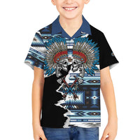 Native American Chief Skull With Axe Family Matching Off Shoulder Short Dress and Hawaiian Shirt - Wonder Print Shop