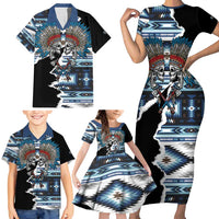 Native American Chief Skull With Axe Family Matching Short Sleeve Bodycon Dress and Hawaiian Shirt - Wonder Print Shop