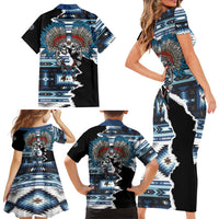 Native American Chief Skull With Axe Family Matching Short Sleeve Bodycon Dress and Hawaiian Shirt - Wonder Print Shop