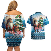 Personalized Native American Santa Claus Couples Matching Off Shoulder Short Dress and Hawaiian Shirt Merry Christmas - Wonder Print Shop