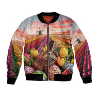 Netherlands Easter 2024 Bomber Jacket Bunny With Tulips Flowers Field - Wonder Print Shop