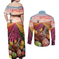 Netherlands Easter 2024 Couples Matching Off Shoulder Maxi Dress and Long Sleeve Button Shirt Bunny With Tulips Flowers Field - Wonder Print Shop
