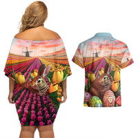 Netherlands Easter 2024 Couples Matching Off Shoulder Short Dress and Hawaiian Shirt Bunny With Tulips Flowers Field - Wonder Print Shop