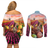 Netherlands Easter 2024 Couples Matching Off Shoulder Short Dress and Long Sleeve Button Shirt Bunny With Tulips Flowers Field - Wonder Print Shop
