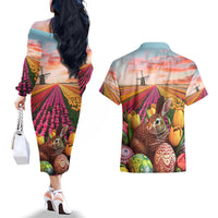 Netherlands Easter 2024 Couples Matching Off The Shoulder Long Sleeve Dress and Hawaiian Shirt Bunny With Tulips Flowers Field - Wonder Print Shop