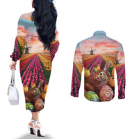 Netherlands Easter 2024 Couples Matching Off The Shoulder Long Sleeve Dress and Long Sleeve Button Shirt Bunny With Tulips Flowers Field
