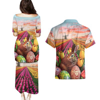 Netherlands Easter 2024 Couples Matching Puletasi and Hawaiian Shirt Bunny With Tulips Flowers Field - Wonder Print Shop
