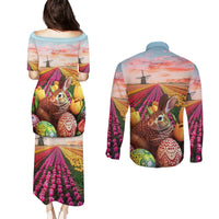 Netherlands Easter 2024 Couples Matching Puletasi and Long Sleeve Button Shirt Bunny With Tulips Flowers Field - Wonder Print Shop