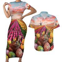 Netherlands Easter 2024 Couples Matching Short Sleeve Bodycon Dress and Hawaiian Shirt Bunny With Tulips Flowers Field - Wonder Print Shop