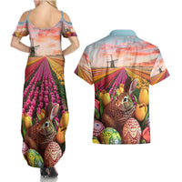 Netherlands Easter 2024 Couples Matching Summer Maxi Dress and Hawaiian Shirt Bunny With Tulips Flowers Field - Wonder Print Shop