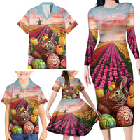 Netherlands Easter 2024 Family Matching Long Sleeve Bodycon Dress and Hawaiian Shirt Bunny With Tulips Flowers Field - Wonder Print Shop