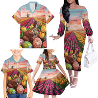 Netherlands Easter 2024 Family Matching Off The Shoulder Long Sleeve Dress and Hawaiian Shirt Bunny With Tulips Flowers Field - Wonder Print Shop