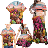 Netherlands Easter 2024 Family Matching Off Shoulder Maxi Dress and Hawaiian Shirt Bunny With Tulips Flowers Field - Wonder Print Shop