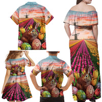 Netherlands Easter 2024 Family Matching Off Shoulder Maxi Dress and Hawaiian Shirt Bunny With Tulips Flowers Field - Wonder Print Shop