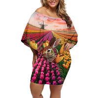 Netherlands Easter 2024 Family Matching Off Shoulder Short Dress and Hawaiian Shirt Bunny With Tulips Flowers Field - Wonder Print Shop