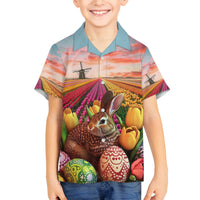 Netherlands Easter 2024 Family Matching Off Shoulder Short Dress and Hawaiian Shirt Bunny With Tulips Flowers Field - Wonder Print Shop