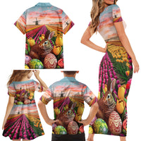 Netherlands Easter 2024 Family Matching Short Sleeve Bodycon Dress and Hawaiian Shirt Bunny With Tulips Flowers Field - Wonder Print Shop