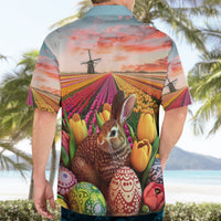 Back view short-sleeve button-up Hawaiian shirt with teal collar and field rabbit print