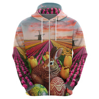 Netherlands Easter 2024 Hoodie Bunny With Tulips Flowers Field - Wonder Print Shop
