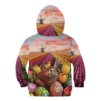 Netherlands Easter 2024 Kid Hoodie Bunny With Tulips Flowers Field - Wonder Print Shop