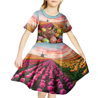 Netherlands Easter 2024 Kid Short Sleeve Dress Bunny With Tulips Flowers Field - Wonder Print Shop
