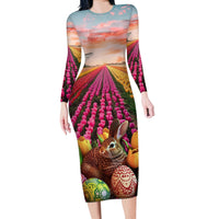 Netherlands Easter 2024 Long Sleeve Bodycon Dress Bunny With Tulips Flowers Field - Wonder Print Shop