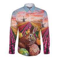 Netherlands Easter 2024 Long Sleeve Button Shirt Bunny With Tulips Flowers Field - Wonder Print Shop