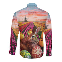 Netherlands Easter 2024 Long Sleeve Button Shirt Bunny With Tulips Flowers Field - Wonder Print Shop