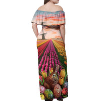 Netherlands Easter 2024 Off Shoulder Maxi Dress Bunny With Tulips Flowers Field - Wonder Print Shop