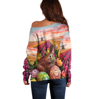 Netherlands Easter 2024 Off Shoulder Sweater Bunny With Tulips Flowers Field - Wonder Print Shop