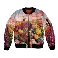 Netherlands Easter 2024 Sleeve Zip Bomber Jacket Bunny With Tulips Flowers Field - Wonder Print Shop
