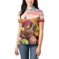Netherlands Easter 2024 Women Polo Shirt Bunny With Tulips Flowers Field - Wonder Print Shop