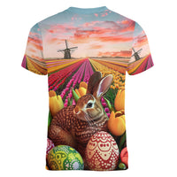 Netherlands Easter 2024 Women V-Neck T-Shirt Bunny With Tulips Flowers Field - Wonder Print Shop