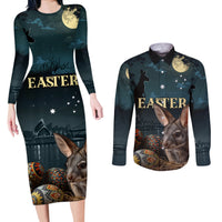 Australia Easter 2024 Couples Matching Long Sleeve Bodycon Dress and Long Sleeve Button Shirt Bunny With Aboriginal Eggs At Starry Night - Wonder Print Shop