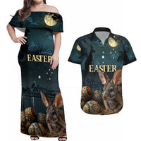 Australia Easter 2024 Couples Matching Off Shoulder Maxi Dress and Hawaiian Shirt Bunny With Aboriginal Eggs At Starry Night - Wonder Print Shop