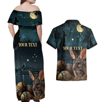 Australia Easter 2024 Couples Matching Off Shoulder Maxi Dress and Hawaiian Shirt Bunny With Aboriginal Eggs At Starry Night - Wonder Print Shop