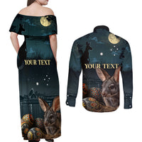 Australia Easter 2024 Couples Matching Off Shoulder Maxi Dress and Long Sleeve Button Shirt Bunny With Aboriginal Eggs At Starry Night - Wonder Print Shop