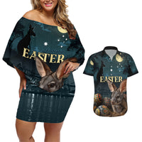 Australia Easter 2024 Couples Matching Off Shoulder Short Dress and Hawaiian Shirt Bunny With Aboriginal Eggs At Starry Night - Wonder Print Shop