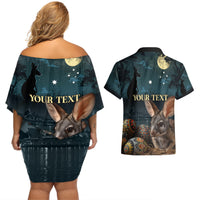 Australia Easter 2024 Couples Matching Off Shoulder Short Dress and Hawaiian Shirt Bunny With Aboriginal Eggs At Starry Night - Wonder Print Shop