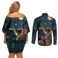 Australia Easter 2024 Couples Matching Off Shoulder Short Dress and Long Sleeve Button Shirt Bunny With Aboriginal Eggs At Starry Night - Wonder Print Shop