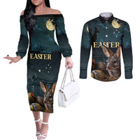 Australia Easter 2024 Couples Matching Off The Shoulder Long Sleeve Dress and Long Sleeve Button Shirt Bunny With Aboriginal Eggs At Starry Night
