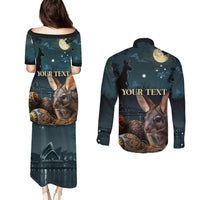Australia Easter 2024 Couples Matching Puletasi and Long Sleeve Button Shirt Bunny With Aboriginal Eggs At Starry Night - Wonder Print Shop