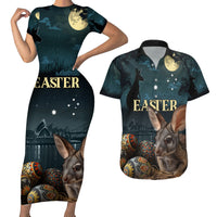 Australia Easter 2024 Couples Matching Short Sleeve Bodycon Dress and Hawaiian Shirt Bunny With Aboriginal Eggs At Starry Night - Wonder Print Shop
