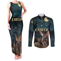 Australia Easter 2024 Couples Matching Tank Maxi Dress and Long Sleeve Button Shirt Bunny With Aboriginal Eggs At Starry Night - Wonder Print Shop