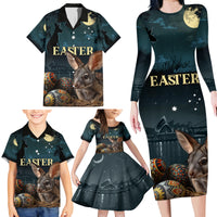 Australia Easter 2024 Family Matching Long Sleeve Bodycon Dress and Hawaiian Shirt Bunny With Aboriginal Eggs At Starry Night - Wonder Print Shop