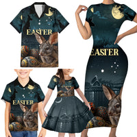 Australia Easter 2024 Family Matching Short Sleeve Bodycon Dress and Hawaiian Shirt Bunny With Aboriginal Eggs At Starry Night - Wonder Print Shop