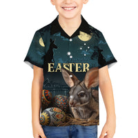 Australia Easter 2024 Family Matching Short Sleeve Bodycon Dress and Hawaiian Shirt Bunny With Aboriginal Eggs At Starry Night - Wonder Print Shop