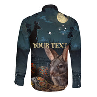 Australia Easter 2024 Long Sleeve Button Shirt Bunny With Aboriginal Eggs At Starry Night - Wonder Print Shop