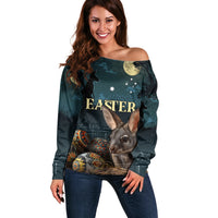 Australia Easter 2024 Off Shoulder Sweater Bunny With Aboriginal Eggs At Starry Night - Wonder Print Shop